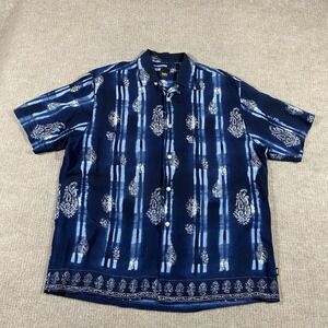 Vintage Mossimo Rayon Shirt Mens Large Blue Floral Tribal Print Camp Loop Collar